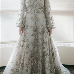 A-line sequenced gown with sheer bell sleeves